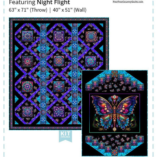 Image of the Butterfly Glass night flight quilt pattern by QT Fabrics. Features butterflies and floral patterns on two quilts. Cute Little Fabric Shop