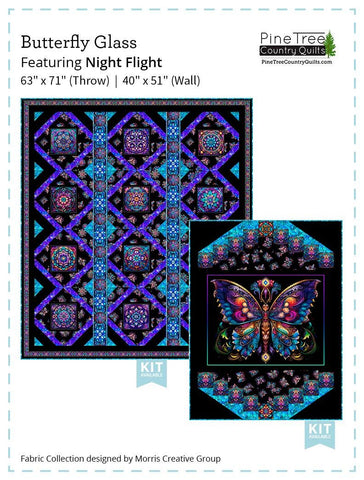 Image of the Butterfly Glass night flight quilt pattern by QT Fabrics. Features butterflies and floral patterns on two quilts. Cute Little Fabric Shop