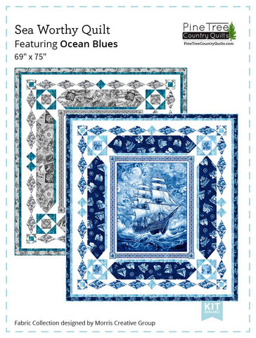 Image of the Sea Worthy Ocean Blues quilt pattern by QT Fabrics. Features a blue ship and a grey ship. Cute Little Fabric Shop