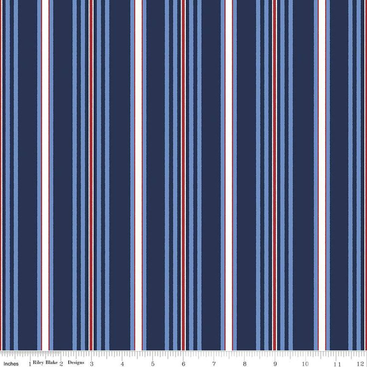 Image of the Yacht Club Stripe Navy quilting cotton fabric by Amanda Niederhauser for Riley Blake Designs. Features stripes on a blue background. Cute Little Fabric Shop