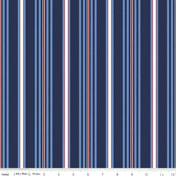 Image of the Yacht Club Stripe Navy quilting cotton fabric by Amanda Niederhauser for Riley Blake Designs. Features stripes on a blue background. Cute Little Fabric Shop