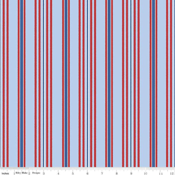 Image of the Yacht Club Stripe Blue quilting cotton fabric by Amanda Niederhauser for Riley Blake Designs. Features stripes on a blue background. Cute Little Fabric Shop