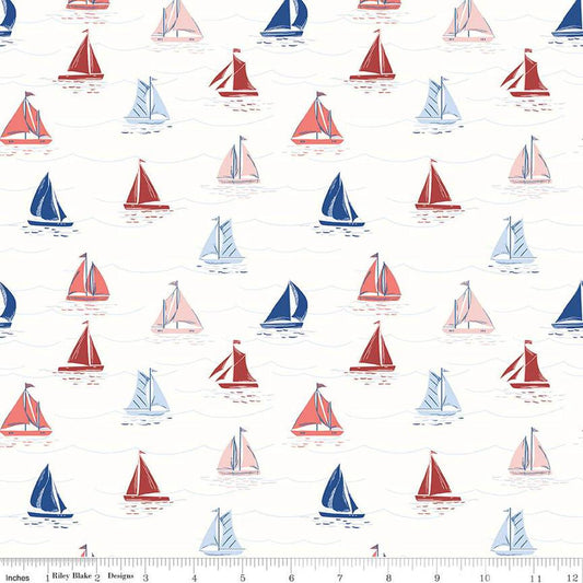 Image of the Yacht Club Sailboats White quilting cotton fabric by Amanda Niederhauser for Riley Blake Designs. Features boats on a white background. Cute Little Fabric Shop