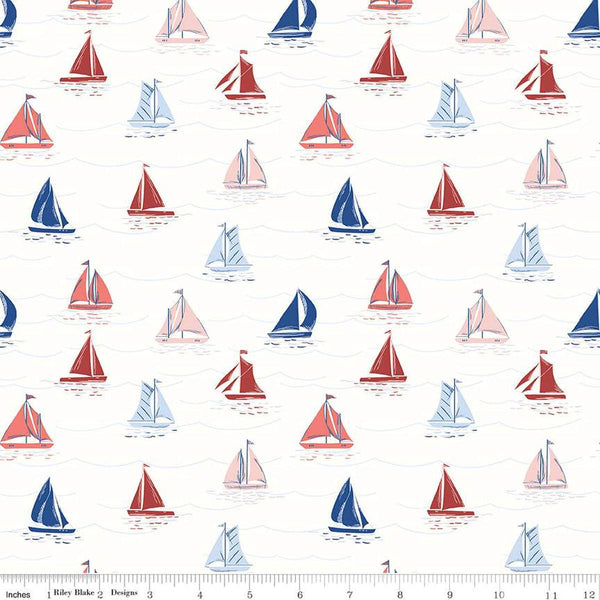 Image of the Yacht Club Sailboats White quilting cotton fabric by Amanda Niederhauser for Riley Blake Designs. Features boats on a white background. Cute Little Fabric Shop