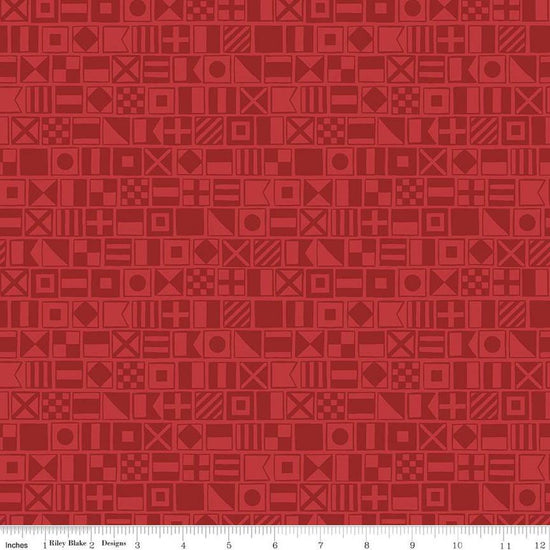 Image of the Yacht Club Flags Red quilting cotton fabric by Amanda Niederhauser for Riley Blake Designs. Features flags on a red background. Cute Little Fabric Shop