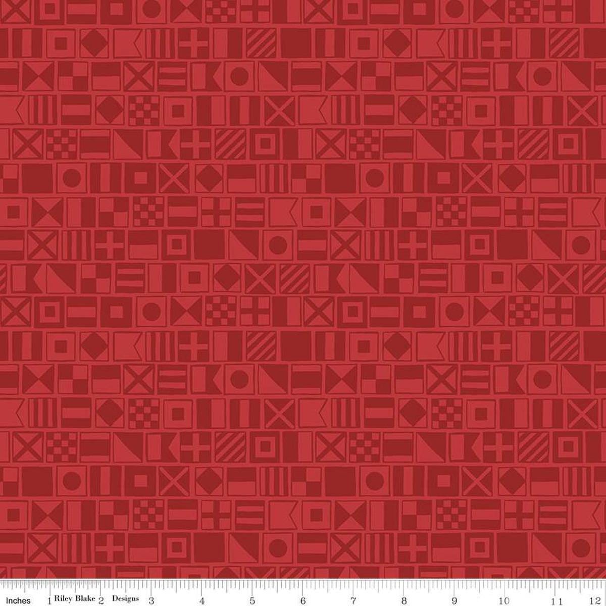 Image of the Yacht Club Flags Red quilting cotton fabric by Amanda Niederhauser for Riley Blake Designs. Features flags on a red background. Cute Little Fabric Shop