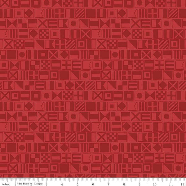Image of the Yacht Club Flags Red quilting cotton fabric by Amanda Niederhauser for Riley Blake Designs. Features flags on a red background. Cute Little Fabric Shop