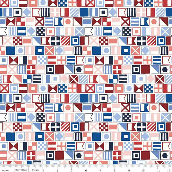 Image of the Yacht Club Flags Multi quilting cotton fabric by Amanda Niederhauser for Riley Blake Designs. Features flags on a white background. Cute Little Fabric Shop