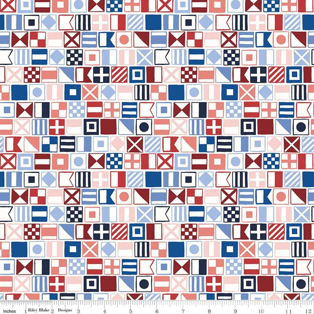 Image of the Yacht Club Flags Multi quilting cotton fabric by Amanda Niederhauser for Riley Blake Designs. Features flags on a white background. Cute Little Fabric Shop