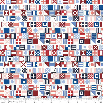 Image of the Yacht Club Flags Multi quilting cotton fabric by Amanda Niederhauser for Riley Blake Designs. Features flags on a white background. Cute Little Fabric Shop
