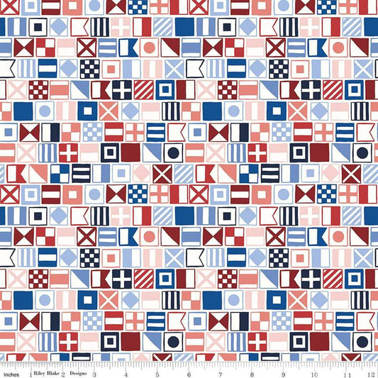 Image of the Yacht Club Flags Multi quilting cotton fabric by Amanda Niederhauser for Riley Blake Designs. Features flags on a white background. Cute Little Fabric Shop