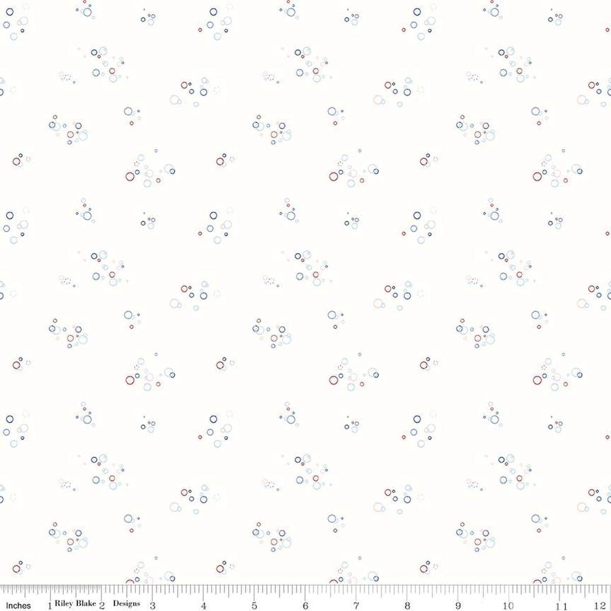 Image of the Yacht Club Bubbles White quilting cotton fabric by Amanda Niederhauser for Riley Blake Designs. Features circles on a white background. Cute Little Fabric Shop