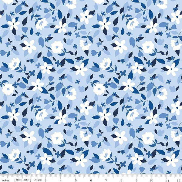 Image of the Yacht Club Flowers Sky quilting cotton fabric by Amanda Niederhauser for Riley Blake Designs. Features flowers on a blue background. Cute Little Fabric Shop
