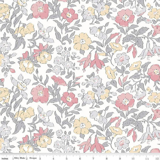 Image of the Wide Width Collection Mamie Field B quilting cotton fabric by Riley Blake Designs. Features floral fabrics on a white background. Cute Little Fabric Shop