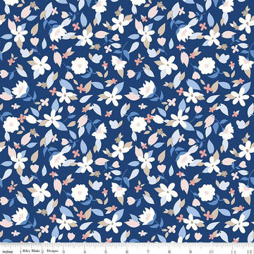Image of the Yacht Club Flowers Blue quilting cotton fabric by Amanda Niederhauser for Riley Blake Designs. Features flowers on a blue background. Cute Little Fabric Shop