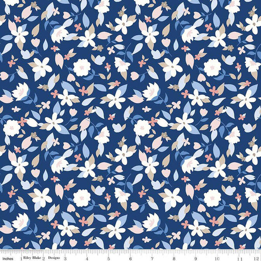 Image of the Yacht Club Flowers Blue quilting cotton fabric by Amanda Niederhauser for Riley Blake Designs. Features flowers on a blue background. Cute Little Fabric Shop