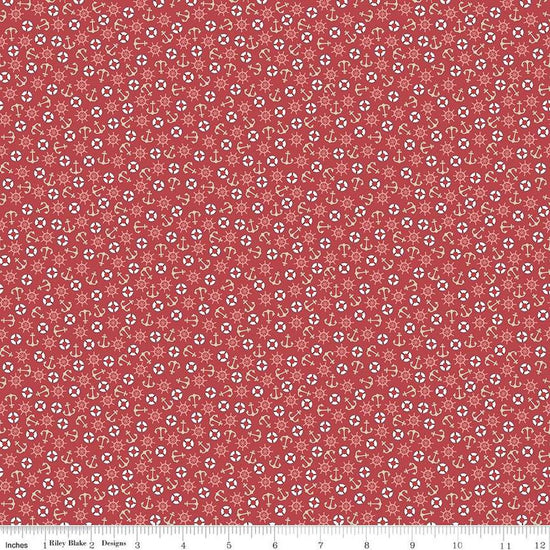 Image of the Yacht Club Toss Red quilting cotton fabric by Amanda Niederhauser for Riley Blake Designs. Features boat symbols on a red background. Cute Little Fabric Shop
