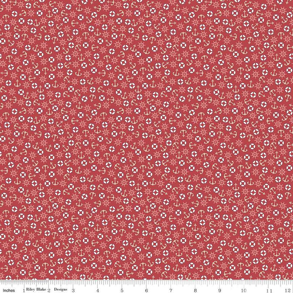 Image of the Yacht Club Toss Red quilting cotton fabric by Amanda Niederhauser for Riley Blake Designs. Features boat symbols on a red background. Cute Little Fabric Shop