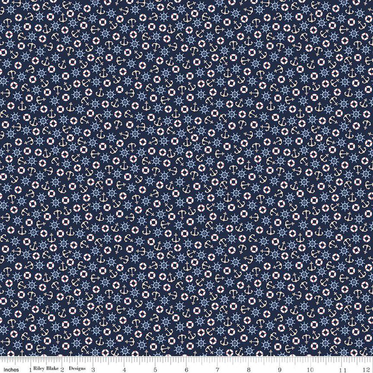 Image of the Yacht Club Toss Navy quilting cotton fabric by Amanda Niederhauser for Riley Blake Designs. Features boat symbols on a blue background. Cute Little Fabric Shop