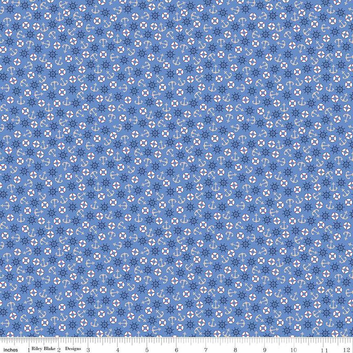Image of the Yacht Club Toss Blue quilting cotton fabric by Amanda Niederhauser for Riley Blake Designs. Features boat symbols on a blue background. Cute Little Fabric Shop