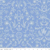 Image of the Yacht Club Main Sky quilting cotton fabric by Amanda Niederhauser for Riley Blake Designs. Features symbols on a blue background. Cute Little Fabric Shop