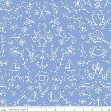 Image of the Yacht Club Main Sky quilting cotton fabric by Amanda Niederhauser for Riley Blake Designs. Features symbols on a blue background. Cute Little Fabric Shop