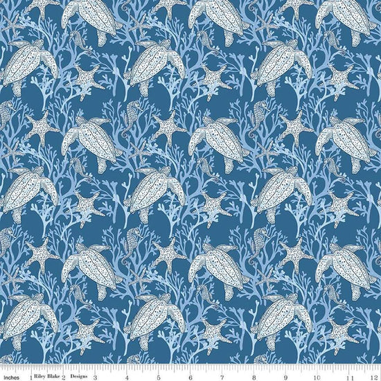 Image of the Ocean Oasis Main Ocean quilting cotton fabric by Diane Labombarbe for Riley Blake Designs. Features ocean animals on a blue background. Cute Little Fabric Shop