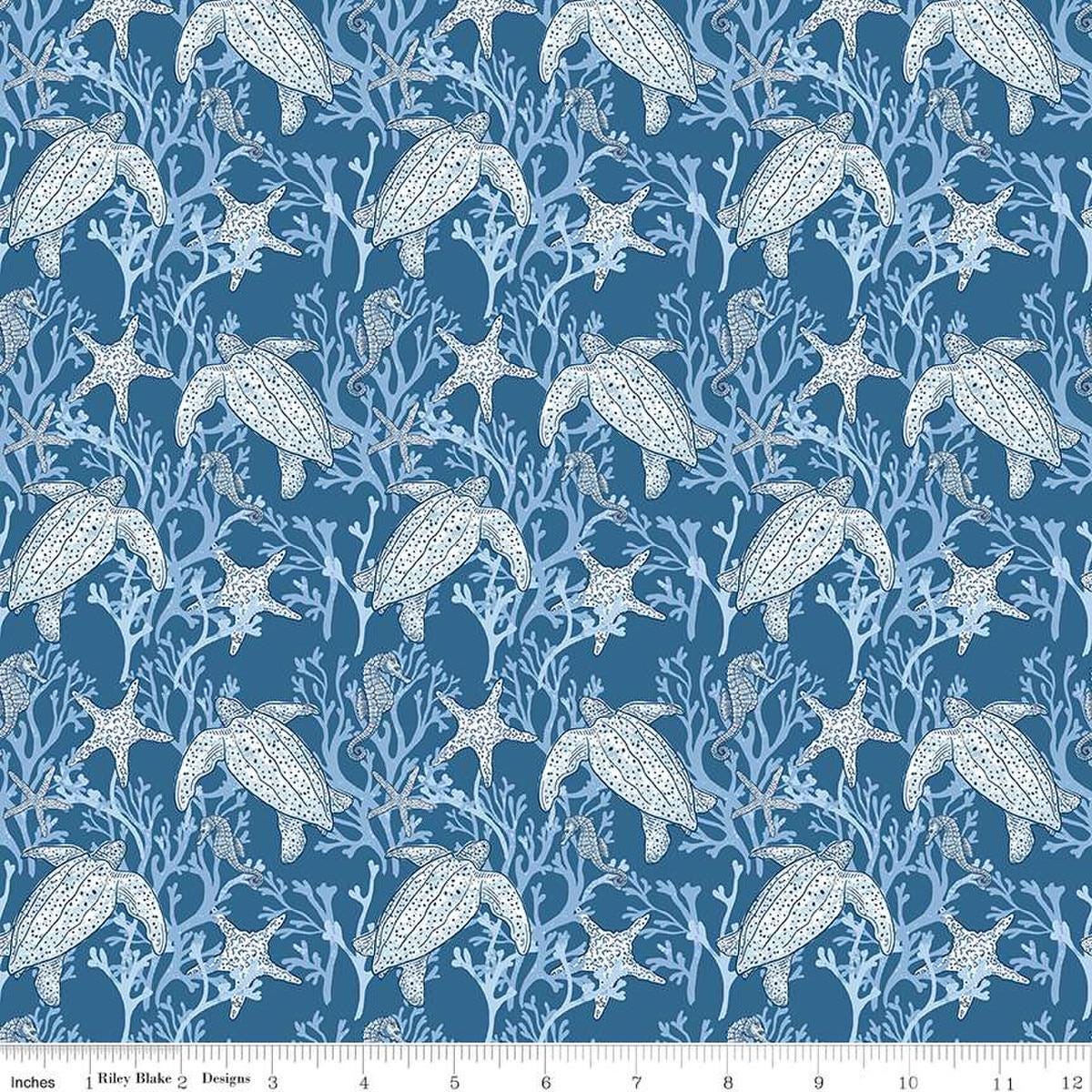 Image of the Ocean Oasis Main Ocean quilting cotton fabric by Diane Labombarbe for Riley Blake Designs. Features ocean animals on a blue background. Cute Little Fabric Shop