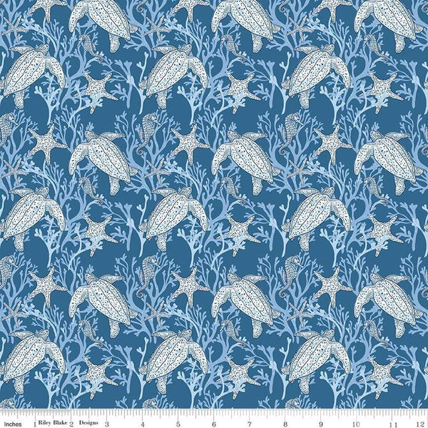 Image of the Ocean Oasis Main Ocean quilting cotton fabric by Diane Labombarbe for Riley Blake Designs. Features ocean animals on a blue background. Cute Little Fabric Shop