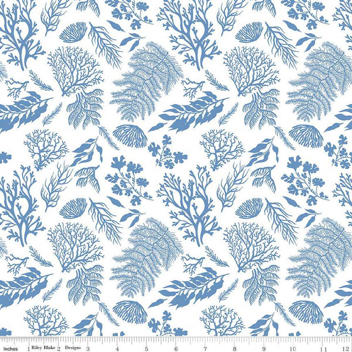 Image of the Ocean Oasis Water Plants White quilting cotton fabric by Diane Labombarbe for Riley Blake Designs. Features plants on a white background. Cute Little Fabric Shop