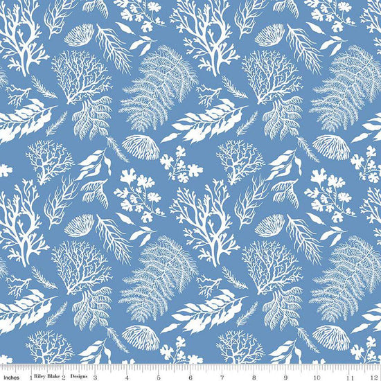 Image of the Ocean Oasis Water Plants Blue quilting cotton fabric by Diane Labombarbe for Riley Blake Designs. Features plants on a blue background. Cute Little Fabric Shop
