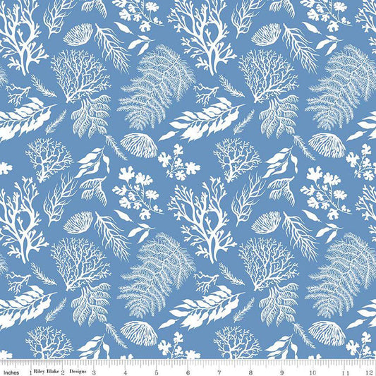 Image of the Ocean Oasis Water Plants Blue quilting cotton fabric by Diane Labombarbe for Riley Blake Designs. Features plants on a blue background. Cute Little Fabric Shop