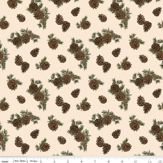 Image of the Pine Grove Pinecones Putty quilting cotton fabric by Riley Blake Designs. Features trees on a brown background. Cute Little Fabric Shop
