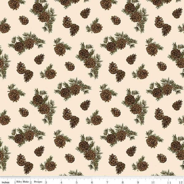 Image of the Pine Grove Pinecones Putty quilting cotton fabric by Riley Blake Designs. Features trees on a brown background. Cute Little Fabric Shop