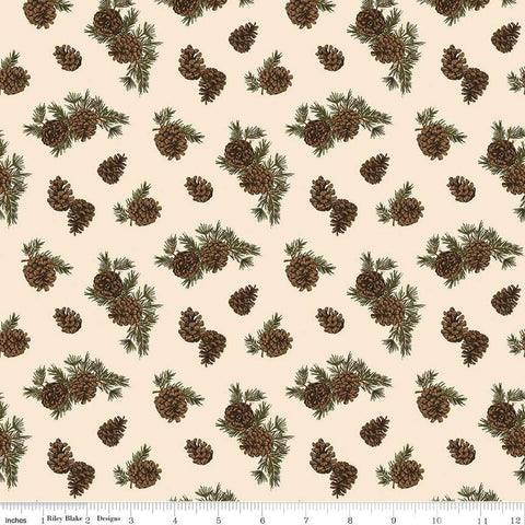 Image of the Pine Grove Pinecones Putty quilting cotton fabric by Riley Blake Designs. Features trees on a brown background. Cute Little Fabric Shop