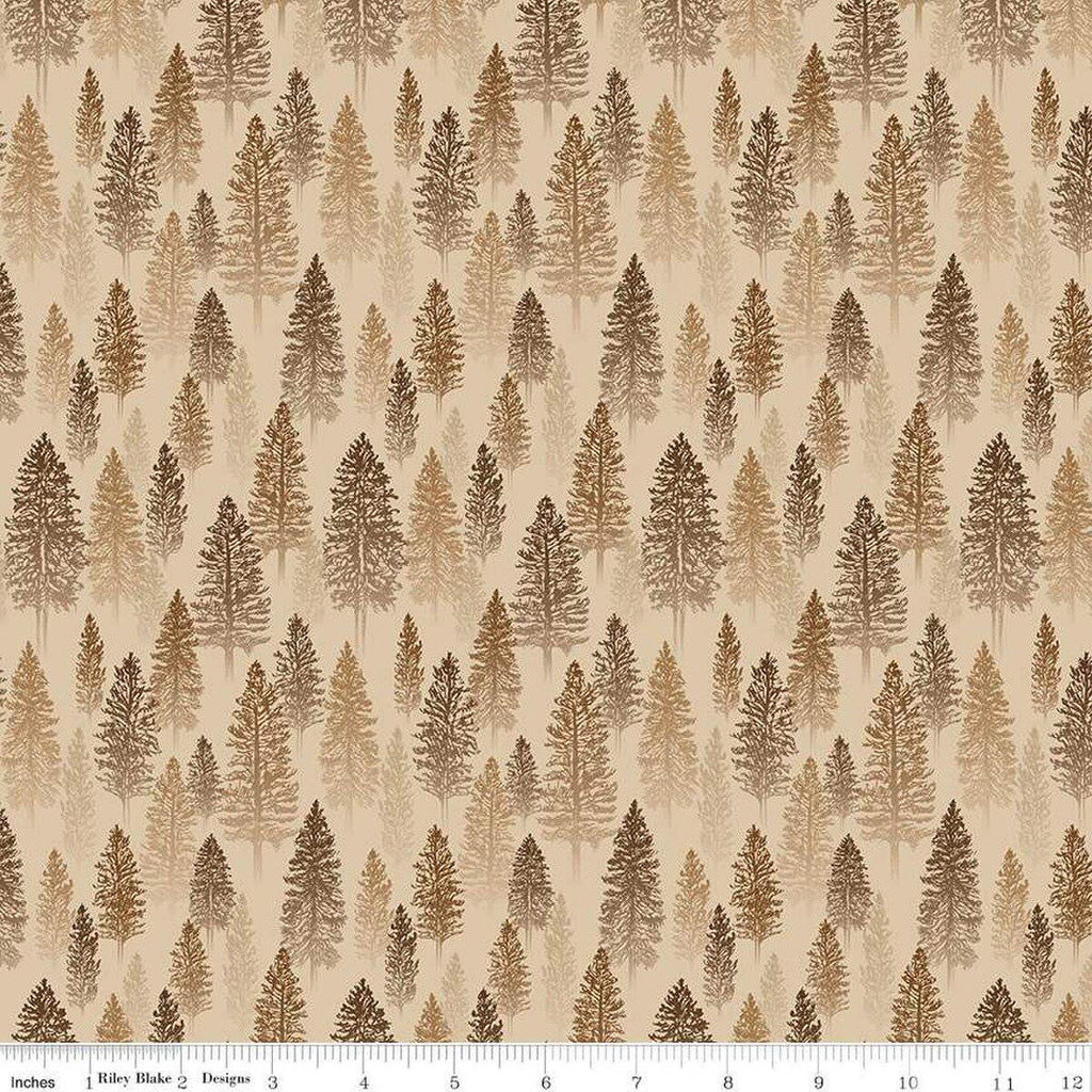 Image of the Pine Grove Trees Putty quilting cotton fabric by Riley Blake Designs. Features trees on a brown background. Cute Little Fabric Shop