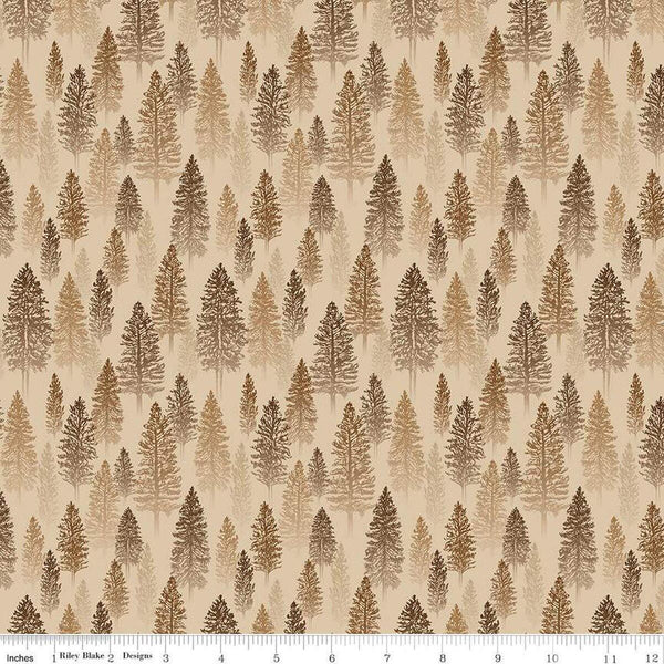 Image of the Pine Grove Trees Putty quilting cotton fabric by Riley Blake Designs. Features trees on a brown background. Cute Little Fabric Shop