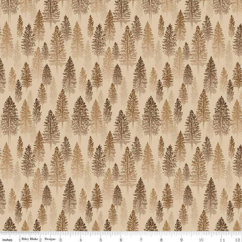 Image of the Pine Grove Trees Putty quilting cotton fabric by Riley Blake Designs. Features trees on a brown background. Cute Little Fabric Shop