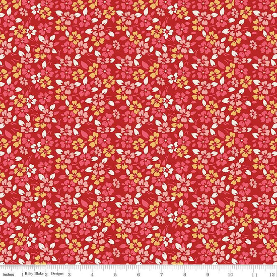 Image of the Americana Glory Schoolhouse quilting cotton fabric by Lori Holt for Riley Blake Designs. Features flowers on a red background. Cute Little Fabric Shop