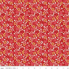 Image of the Americana Glory Schoolhouse quilting cotton fabric by Lori Holt for Riley Blake Designs. Features flowers on a red background. Cute Little Fabric Shop