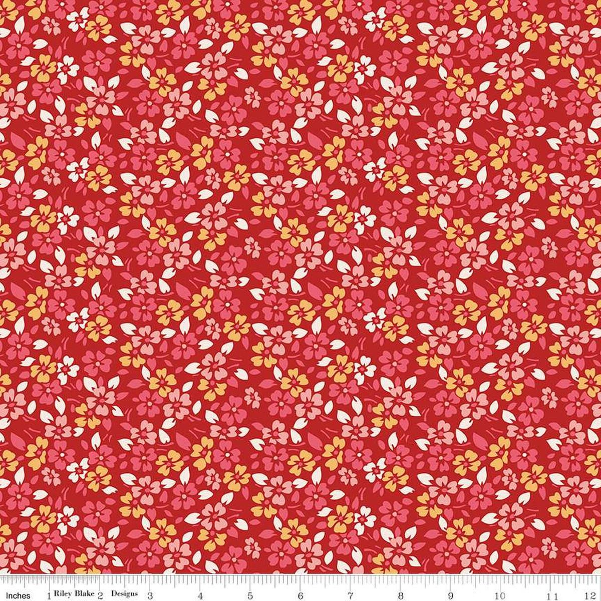 Image of the Americana Glory Schoolhouse quilting cotton fabric by Lori Holt for Riley Blake Designs. Features flowers on a red background. Cute Little Fabric Shop