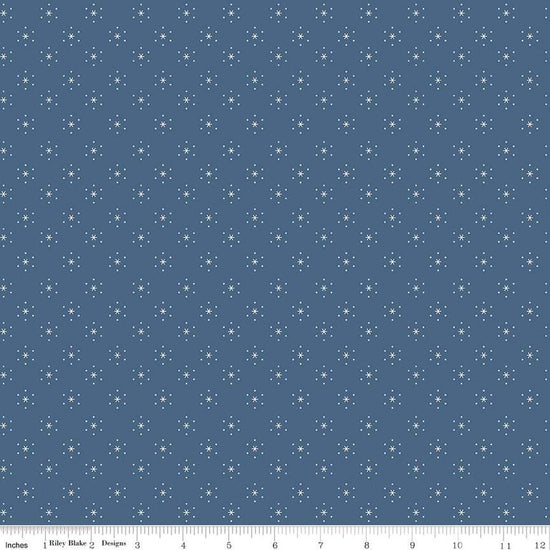 Image of the Americana Sparkle Denim quilting cotton fabric by Lori Holt for Riley Blake Designs. Features stars on a blue background. Cute Little Fabric Shop
