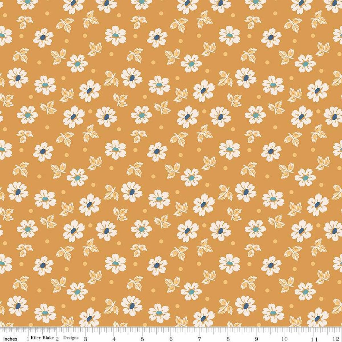 Image of the Americana Washington Cider quilting cotton fabric by Lori Holt for Riley Blake Designs. Features flowers on a gold background. Cute Little Fabric Shop