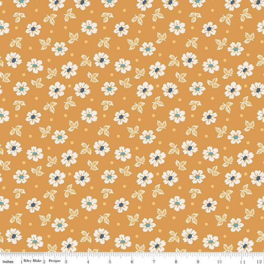 Image of the Americana Washington Cider quilting cotton fabric by Lori Holt for Riley Blake Designs. Features flowers on a gold background. Cute Little Fabric Shop