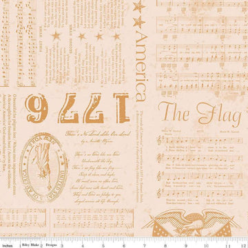 Image of the Americana Liberty Cider quilting cotton fabric by Lori Holt for Riley Blake Designs. Features text on a cream background. Cute Little Fabric Shop