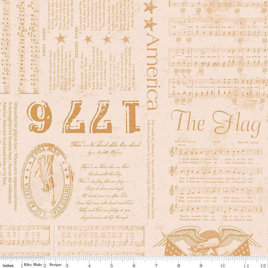 Image of the Americana Liberty Cider quilting cotton fabric by Lori Holt for Riley Blake Designs. Features text on a cream background. Cute Little Fabric Shop