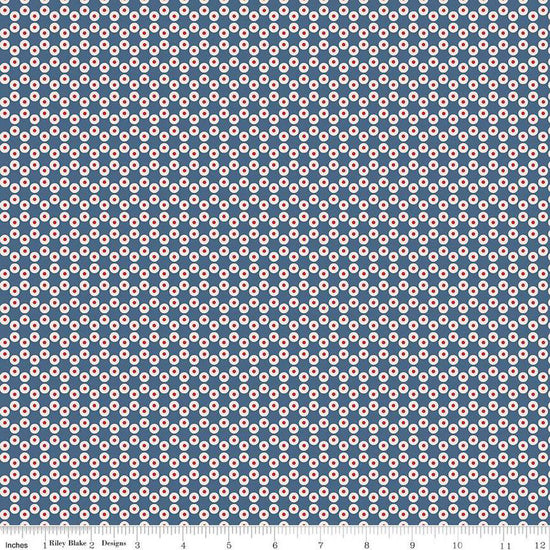 Image of the Americana Patriot Dark Denim quilting cotton fabric by Lori Holt for Riley Blake Designs. Features circles on a blue background. Cute Little Fabric Shop