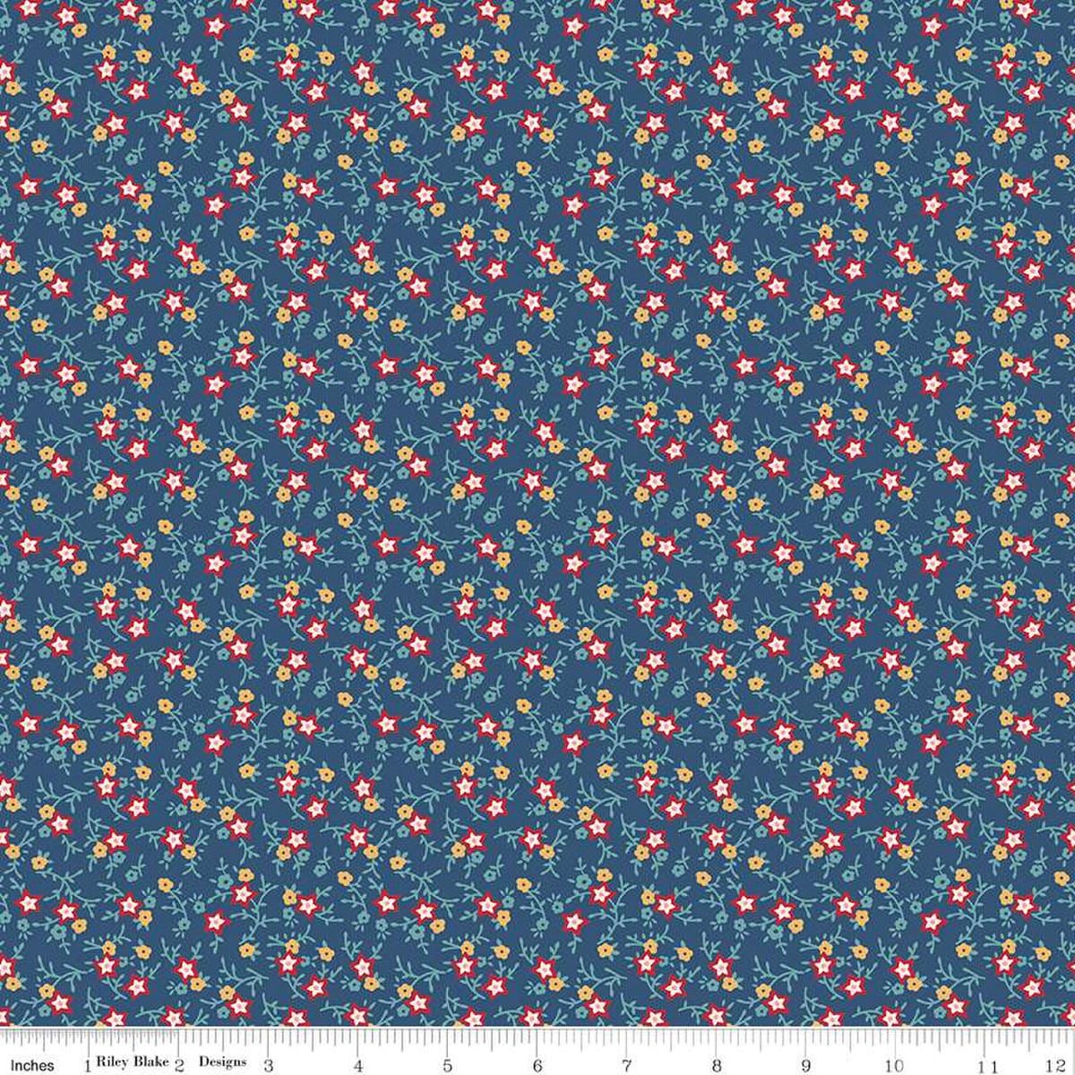 Image of the Americana July Dark Denim quilting cotton fabric by Lori Holt for Riley Blake Designs. Features flowers on a blue background. Cute Little Fabric Shop