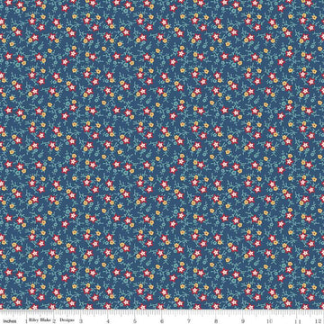 Image of the Americana July Dark Denim quilting cotton fabric by Lori Holt for Riley Blake Designs. Features flowers on a blue background. Cute Little Fabric Shop