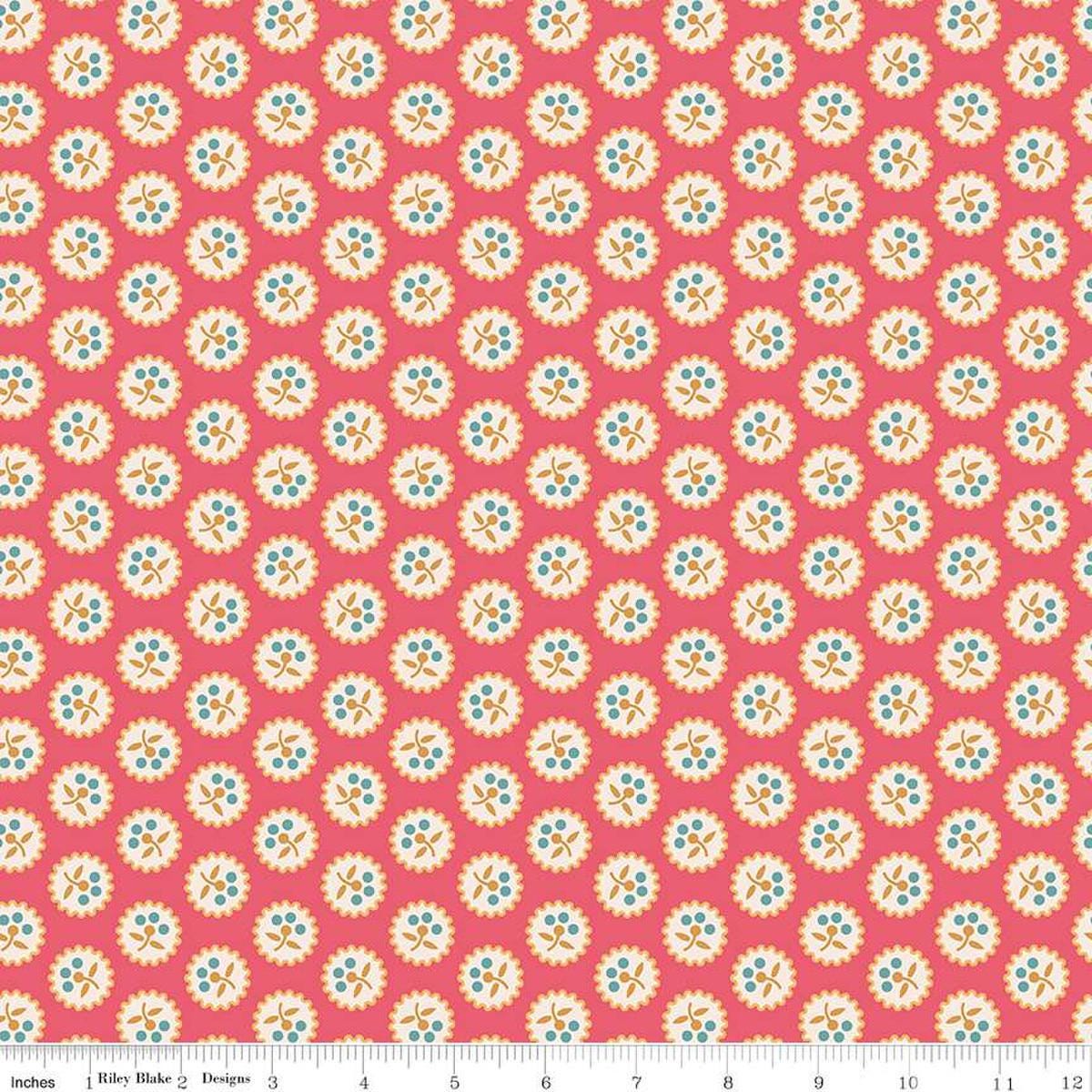 Image of the Americana Betsy Tea Rose quilting cotton fabric by Lori Holt for Riley Blake Designs. Features flowers on a coral background. Cute Little Fabric Shop